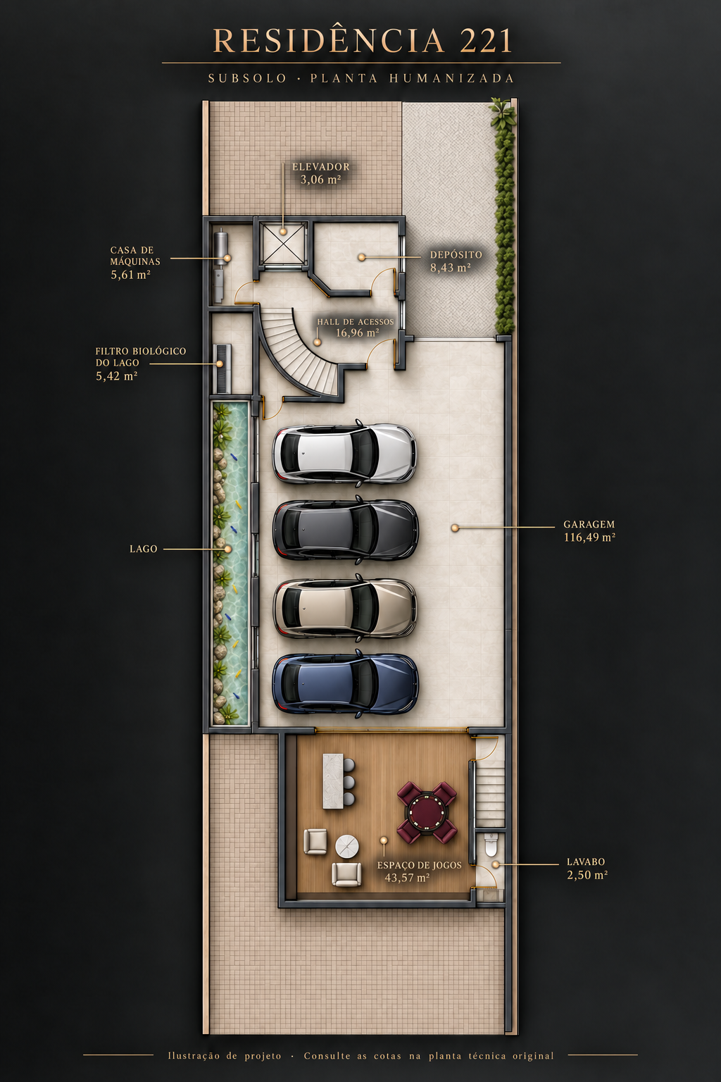 Planta humanizada do subsolo com nomes dos ambientes e áreas em metros quadrados